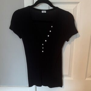 Splendid Black V-Neck Tee with Button Detail
